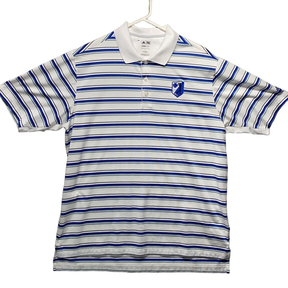Adidas‎ Shirt Mens Large Blue Polo Striped Short Sleeve Climacool Golf MCC